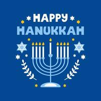 Hanukkah flat vector illustration isolated on a blue background. Traditional jewish holiday greeting card design with happy hanukkah congratulation