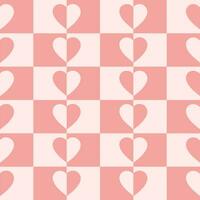 Monochrome minimalistic seamless pattern with hearts on a checkered background. Modern retro illustration for decoration. Aesthetic vector print in style 60s, 70s. Pink colors