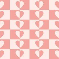 monocromo minimalista sin costura modelo con corazones en un a cuadros antecedentes. moderno retro ilustración para decoración. estético vector impresión en estilo años 60, años 70 rosado colores