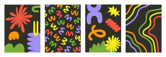 Abstract retro set colorful backgrounds with naive playful shapes on a black background. Trendy vector illustration