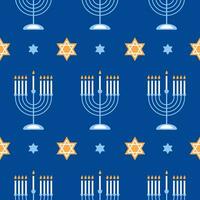 Happy Hanukkah seamless pattern with creative symbols on blue background. Modern festive design for wallpaper, wrapping paper, fabric, banner. Vector illustration