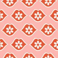 Romantic floral seamless pattern with red lips and daisy flowers. Minimalistic retro print for textile, wrapping paper, web design and social media in style 60s, 70s. Vector illustration