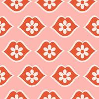 Romantic floral seamless pattern with red lips and daisy flowers. Minimalistic retro print for textile, wrapping paper, web design and social media in style 60s, 70s. Vector illustration