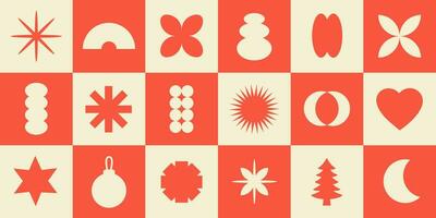 Vector trendy set of abstract geometric shapes. Bright brutal christmas icons. Various geometric figures. Bauhaus memphis design. Red and beige colors