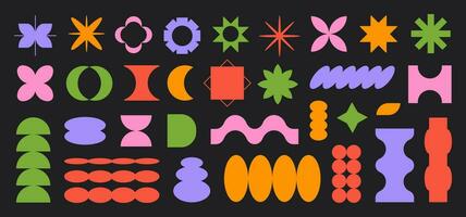 Vector set of abstract colorful geometric shapes. Bright brutal contemporary icons. Various geometric figures. Bauhaus memphis design.