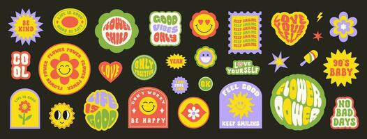 Trendy colorful set stickers with smiling face and text. Collection of cartoon shapes, positive slogans in style 90s. Vector illustration