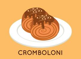 Cromboloni Pastry on White Plate Animated Cartoon Food Bakery Vector Illustration