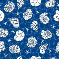 Hand drawn sea shells on water background. Abstract vector seamless pattern. Summer beach seaside print.