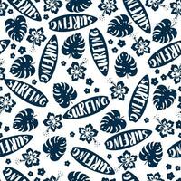 Seamless pattern surf board, hibiscus flower and , monstera, leaves on white background. Summer seamless pattern vector