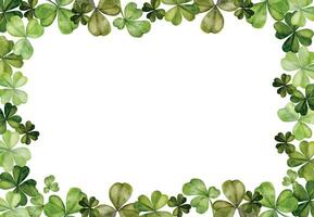 Watercolor hand drawn illustration, Saint Patrick holiday. Green lucky clover shamrock four-leaf. Ireland tradition. Frame border Isolated on white background. For invitations, print, website, cards. vector