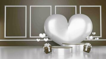 la Saint-Valentin journée vente luxe tableau blanc cœur et cadeau boîte noir Contexte 3d illustration avec podium pour votre produit promotion video