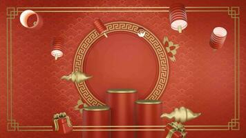 3D luxury red background chinese new year with minimalist podium, suitable for product promotion video