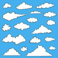 Cloud vector set, Different shape cartoon white clouds on blue background