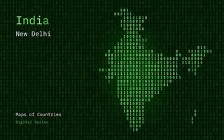 India Map Shown in Binary Code Pattern. TSMC. Green Matrix numbers, zero, one. World Countries Vector Maps. Digital Series