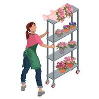 A girl is carrying a rack of flowerpots. Isometric. Vector. vector