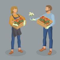 Man and girl are holding flowerpots in boxes. Isometric. Vector. vector