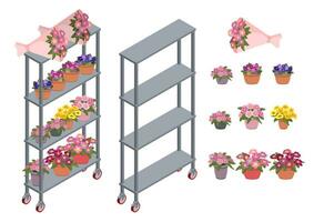 Houseplants in flowerpots are on a rack. Isometric 3D vector. vector