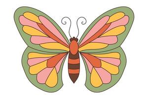 Groovy butterfly. Hippie 60s 70s retro style. Yellow, pink green colors. vector