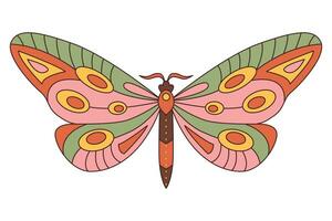 Groovy butterfly. Hippie 60s 70s retro style. Yellow, pink green colors. vector