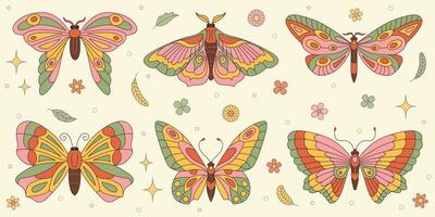 Groovy butterfly stickers set. Hippie 60s 70s retro style. Yellow, pink green colors. vector