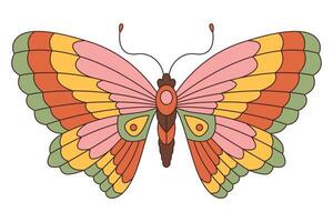 Groovy butterfly. Hippie 60s 70s retro style. Yellow, pink green colors. vector
