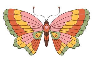 Groovy butterfly. Hippie 60s 70s retro style. Yellow, pink green colors. vector