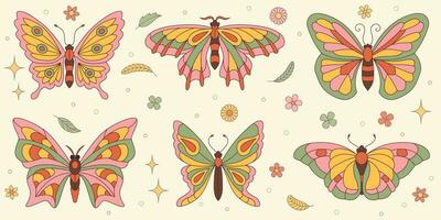 Groovy butterfly stickers set. Hippie 60s 70s retro style. Yellow, pink green colors. vector