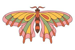 Groovy butterfly. Hippie 60s 70s retro style. Yellow, pink green colors. vector