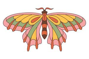 Groovy butterfly. Hippie 60s 70s retro style. Yellow, pink green colors. vector