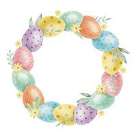 Frame of cute colorful Easter eggs, flowers and leaves. Paschal Concept with Easter Eggs with Pastel Colors. Isolated watercolor illustration. Design for Easter cards, covers, posters and invitations. vector