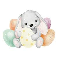 A cute Easter rabbit an Easter eggs. Isolated watercolor illustration for Easter cards, cards, invitations. vector