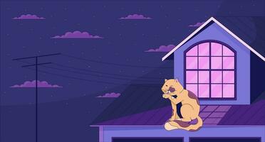 Cat licking paw on roof at night lofi wallpaper. Peaceful kitty rooftop 2D cartoon flat illustration. Nostalgia retro style. Dreamy vibes chill vector art, lo fi aesthetic colorful background