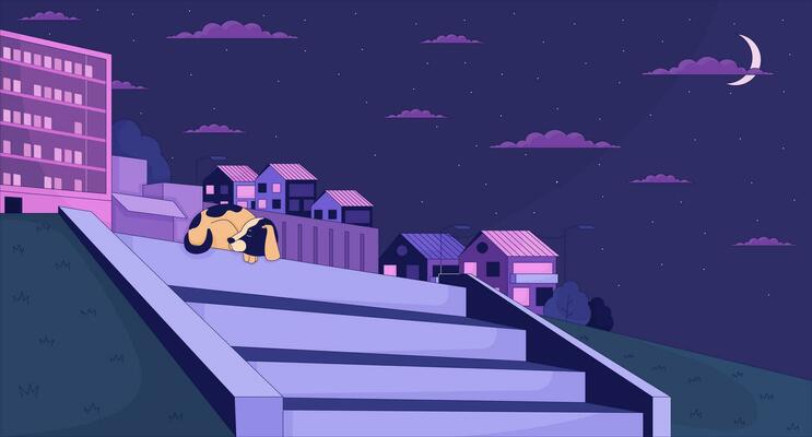 Sleeping dog on hillside stairs cityscape 2D cartoon background. Stray puppy resting stone steps colorful aesthetic vector illustration, nobody. Night town hill flat line wallpaper art, lofi image