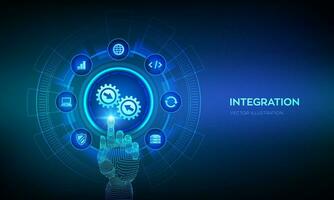 Integration data system. System Integration concept on virtual screen. Industrial smart technology. Business automation solutions. Robotic hand touching digital interface. Vector illustration.