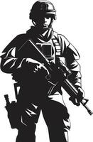 Tactical Defender Armyman Icon in Black Vector Strategic Guardian Armed Soldier Emblem Design