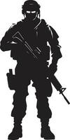 defensivo guardián armado hombre del ejército negro icono combatiente vigor vector hombre del ejército emblema