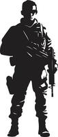 Tactical Defender Armyman Icon in Black Vector Strategic Guardian Armed Soldier Emblem Design