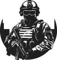 batalla Listo centinela negro logo de un armado guerrero estratégico vigilancia vector negro hombre del ejército icono