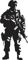 Militant Precision Armed Forces Black Logo Design Tactical Defender Armyman Icon in Black Vector