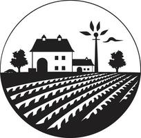 Fields of Tranquility Agricultural Farmhouse Emblem Rural Comfort Black Vector Logo for Country Living