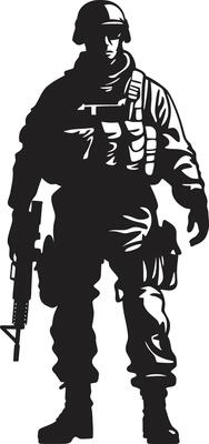 Combat Vigilance Black Logo Icon of an Armed Soldier Warrior Strength Vector Armyman Emblem in Black