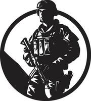 Tactical Defender Armyman Icon in Black Vector Strategic Guardian Armed Soldier Emblem Design