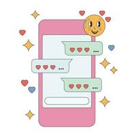 Pink smartphone in retro style with hearts love romantic messages. Communication concept, love letters, correspondence of lovely couple. For card, poster, social media posts. Valentine day greeting. vector