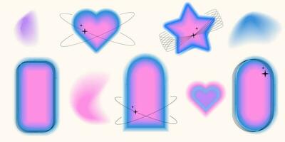 Y2k style blurred gradient shapes with linear forms and sparkles, blurry flower or heart aura aesthetic elements. Modern minimalist design element with blur gradients for logo vector template set.