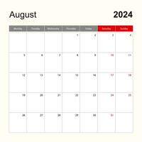 pared calendario modelo para agosto 2024. fiesta y evento planificador, semana empieza en lunes. vector