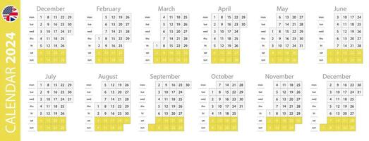 Calendar template for 2024 year, vertical grid design. vector