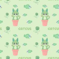Seamless pattern catcus cactus cat, cartoon cute, vector illustration for fabric, print, apparel