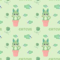 Seamless pattern catcus cactus cat, cartoon cute, vector illustration for fabric, print, apparel