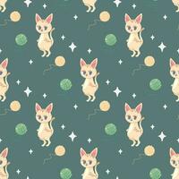 Seamless pattern of balls of thread and cat, vector illustration for fabric, print