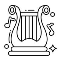 A musical instrument icon, linear design of harp vector